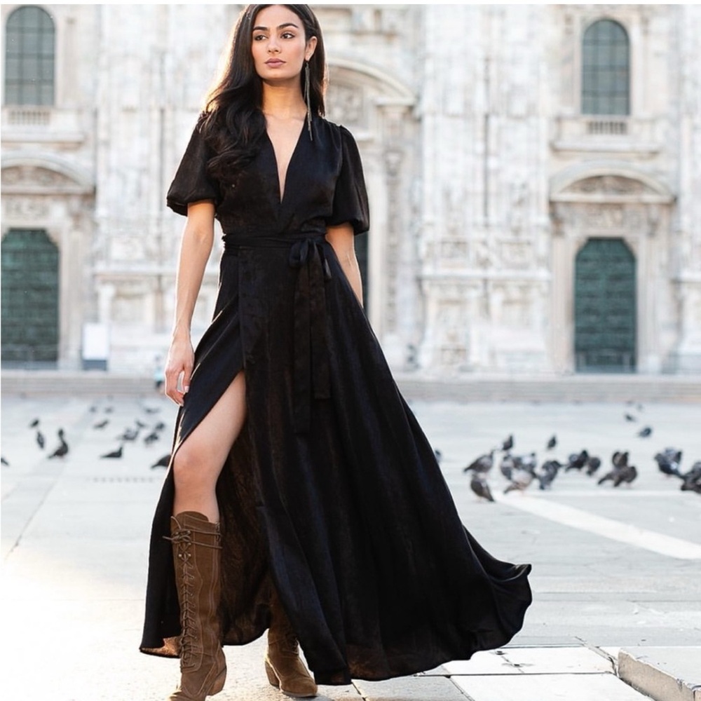 Joyfolie Black Wrap Maxi Dress Puff Sleeves
